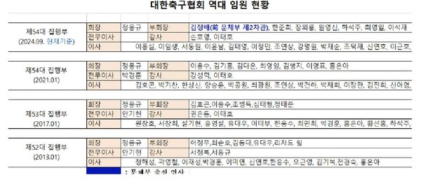 문체부가 강유정 국회의원실에 최초 제출한 정몽규 회장 취임 후 문체부 출신 대한축구협회 임원 명단. ⓒ강유정 국회의원실